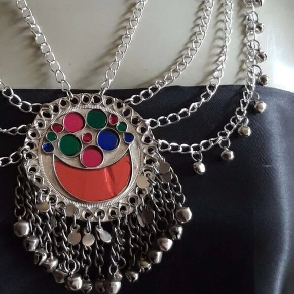 Ethnic Multilayers Bib Necklace, Tribal Silver Bib Necklace, Kuchi Boho Jewelry - Picture 5 of 6
